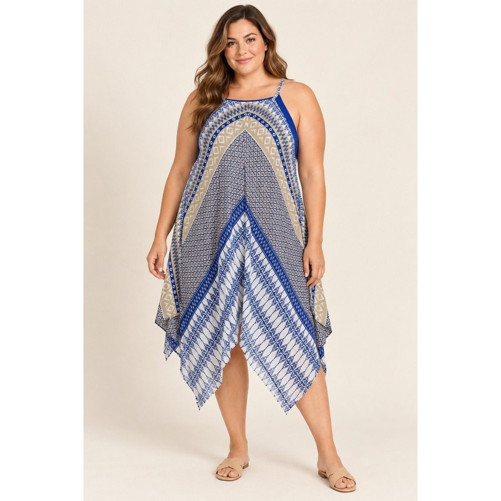 MSK Blue Geometric Tile Print Handkerchief Hem Halter Dress Womens 16